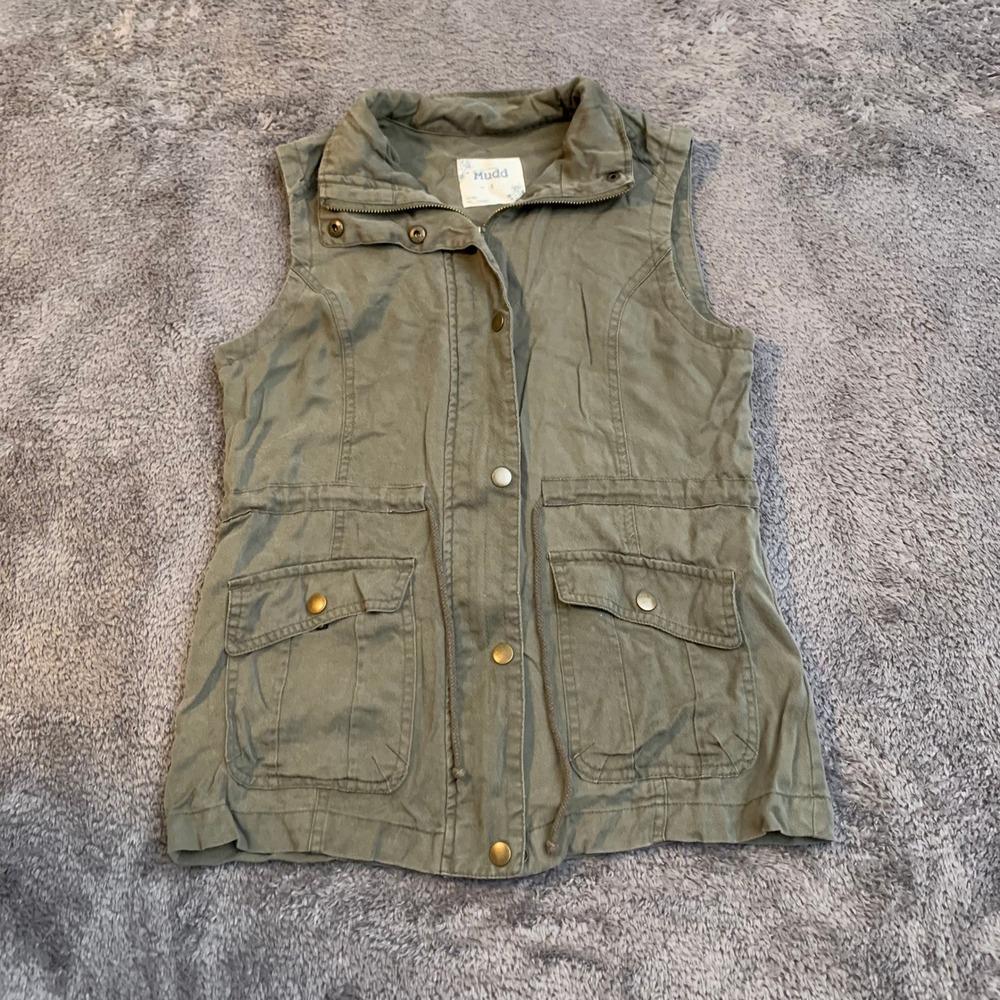 Mudd Women Olive Green Utility Vest Small Full Zip Snap Button Military Twill